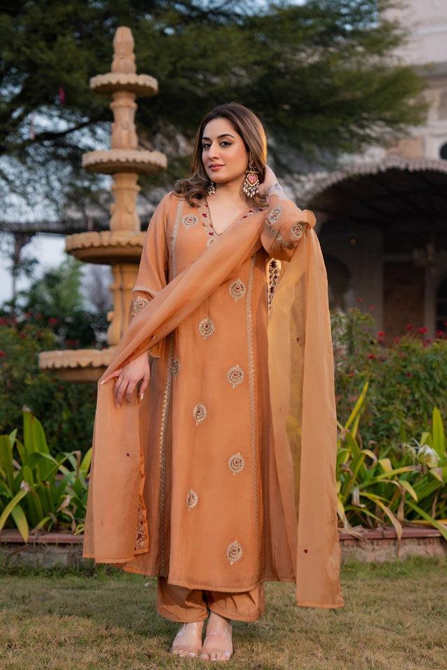 Peach Embroidered Chanderi Palazzo Suit (ACB1482)