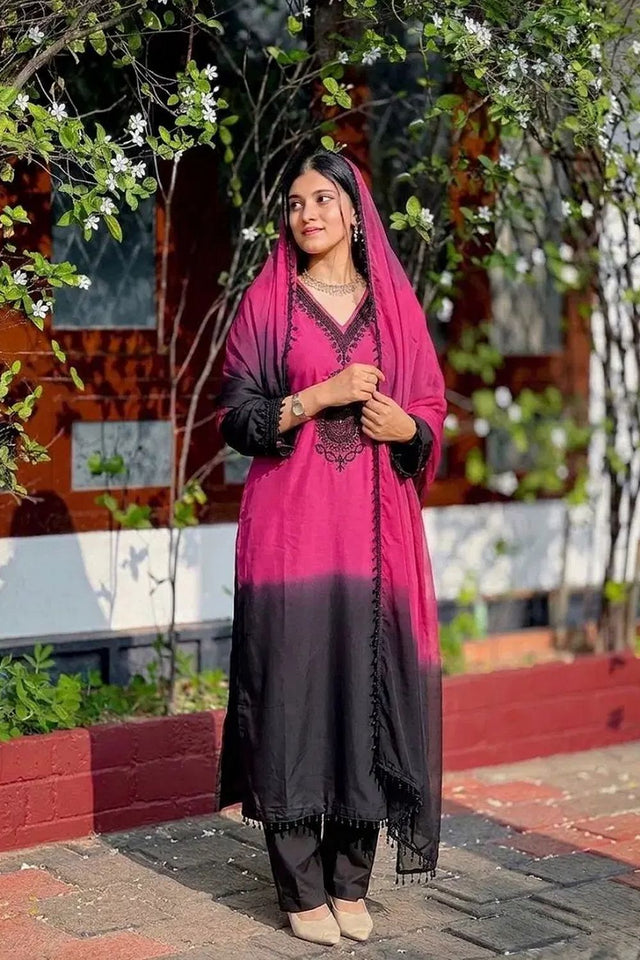 Pink Floral Embroidered Crepe Straight Cut Suit (ACB1486)