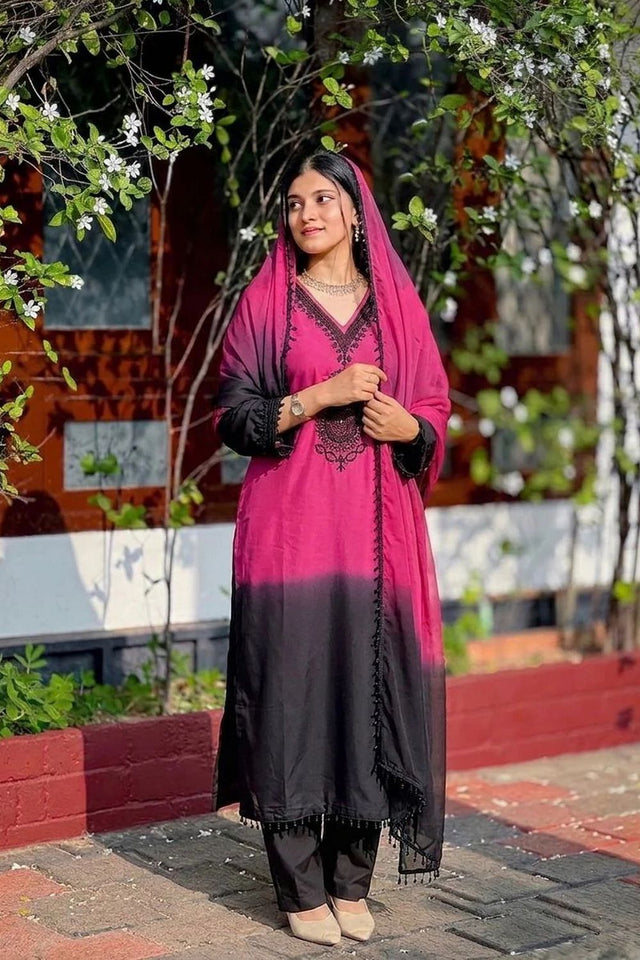 Pink Floral Embroidered Crepe Straight Cut Suit (ACB1486)