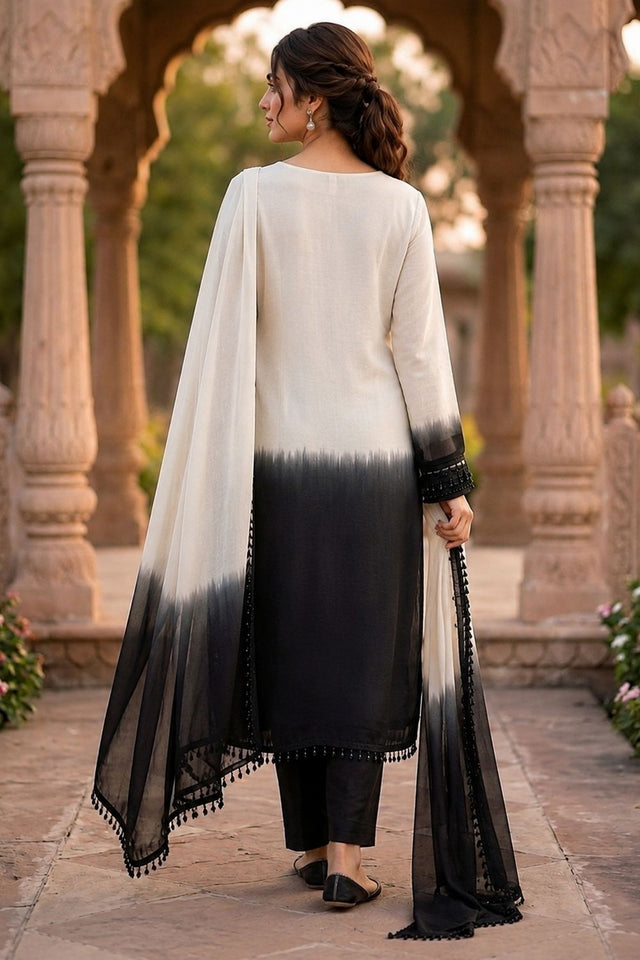 Off White Floral Embroidered Crepe Straight Cut Suit (ACB1487)