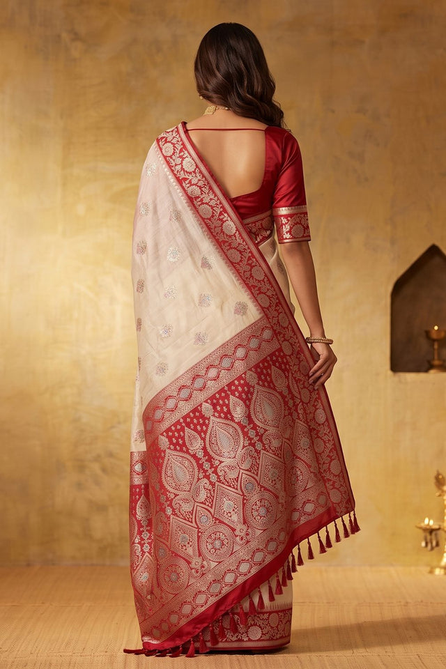 White Zari Woven Silk Blend Saree (ACB1488)