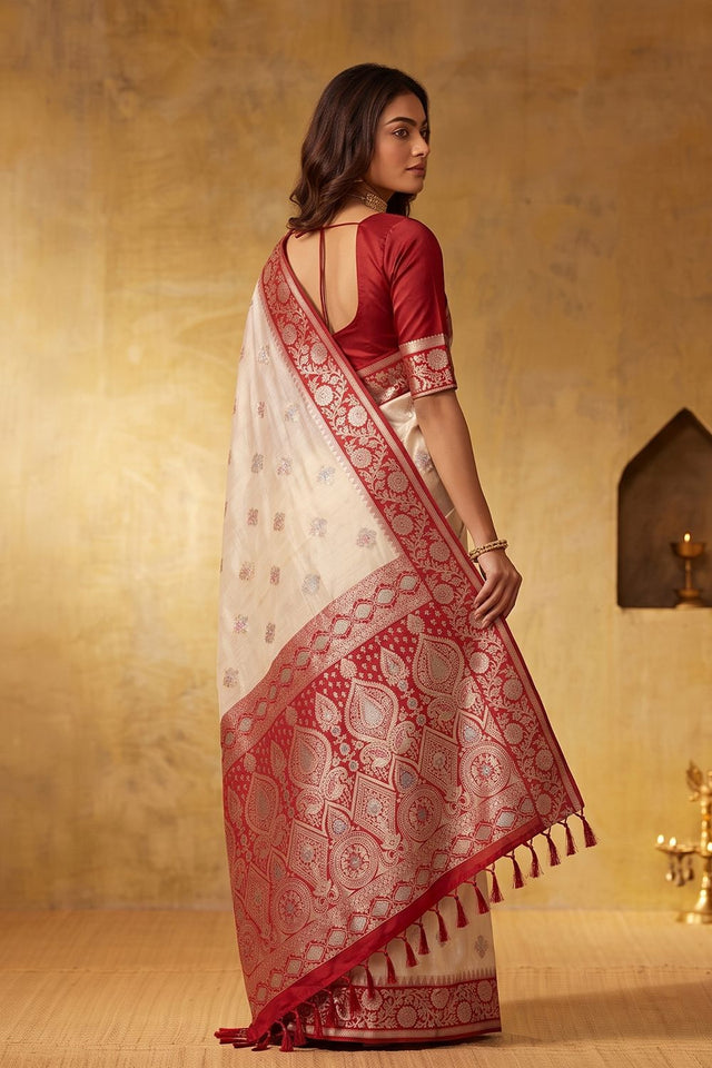 White Zari Woven Silk Blend Saree (ACB1488)