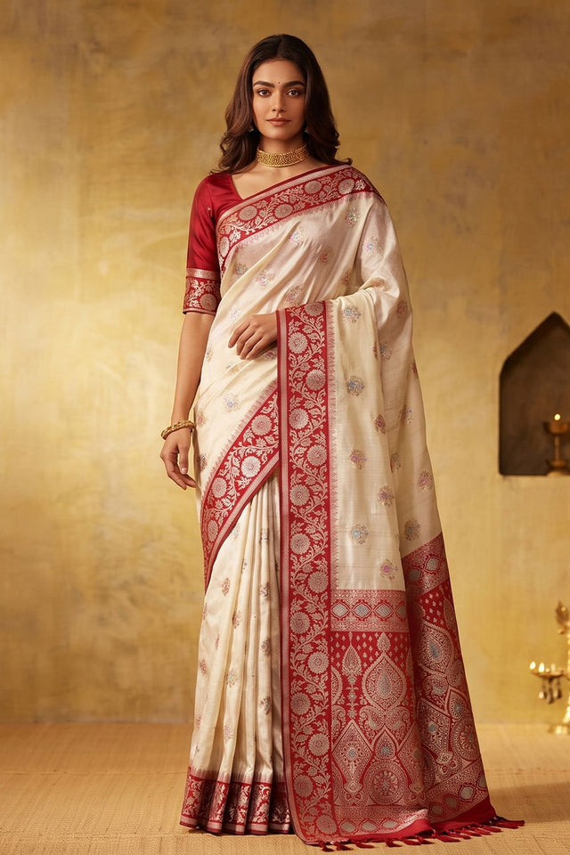 White Zari Woven Silk Blend Saree (ACB1488)