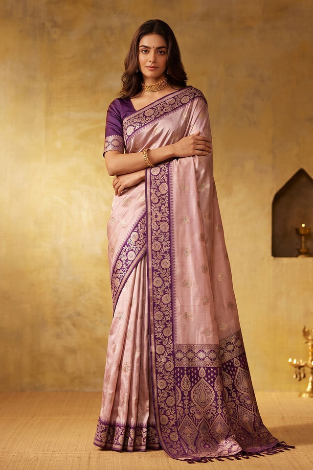 Pink Zari Woven Silk Blend Saree (ACB1490)