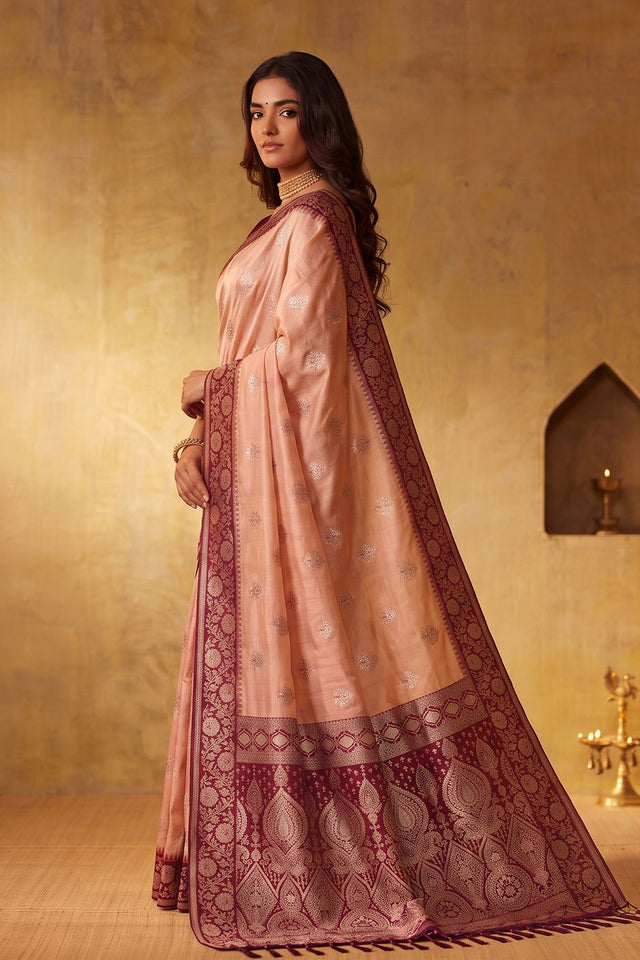 Peach Zari Woven Silk Blend Saree (ACB1492)