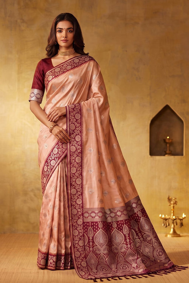 Peach Zari Woven Silk Blend Saree (ACB1492)
