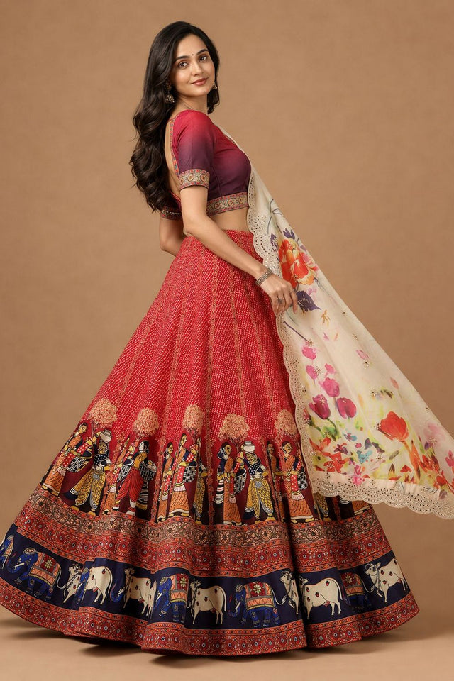 Red Printed Satin Silk Lehenga (ACB1494)