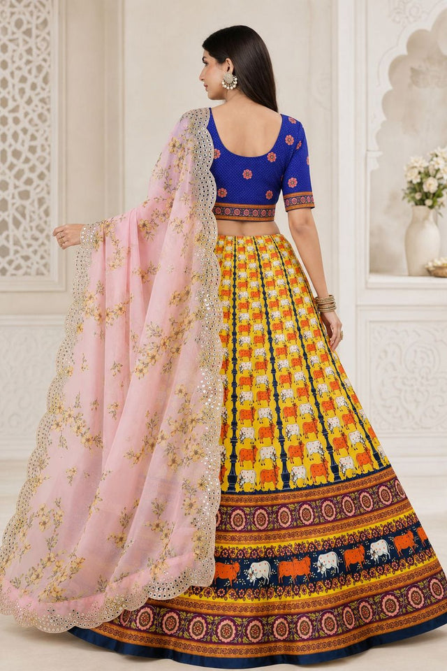 Yellow Printed Satin Silk Lehenga (ACB1495)