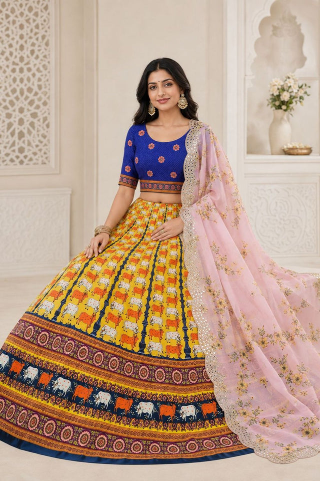 Yellow Printed Satin Silk Lehenga (ACB1495)