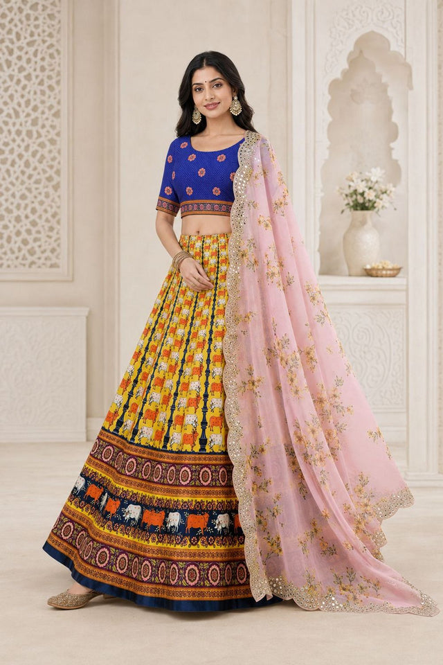 Yellow Printed Satin Silk Lehenga (ACB1495)