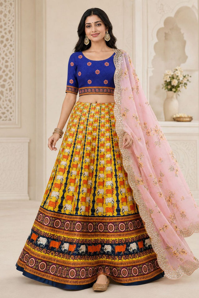 Yellow Printed Satin Silk Lehenga (ACB1495)