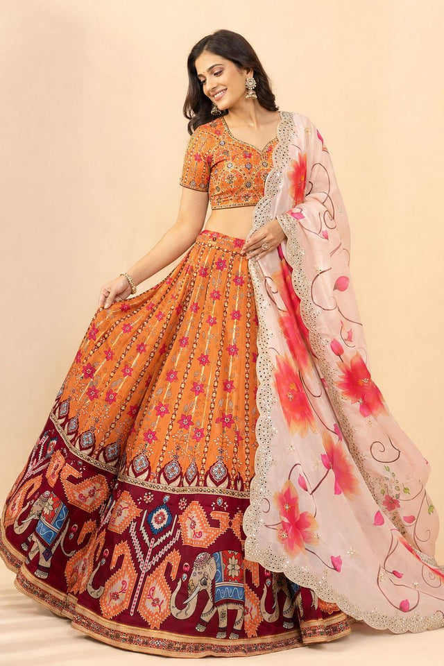 Orange Floral Printed Satin Silk Lehenga (ACB1497)
