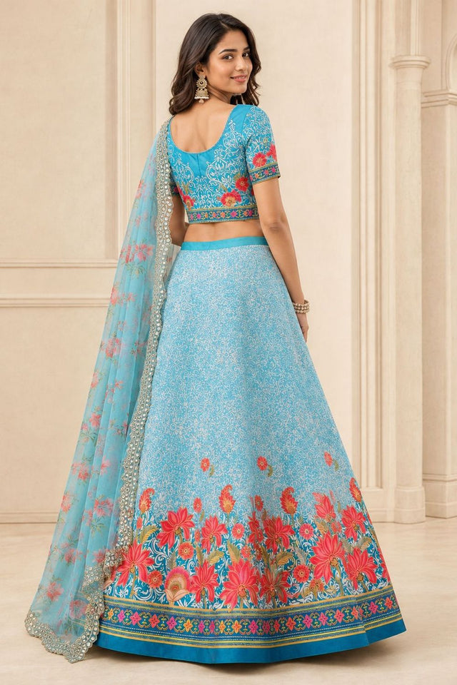 Blue Floral Printed Satin Silk Lehenga (ACB1499)