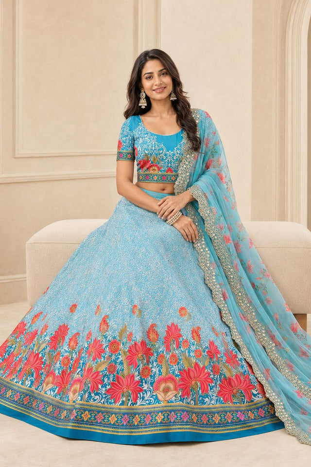 Blue Floral Printed Satin Silk Lehenga (ACB1499)