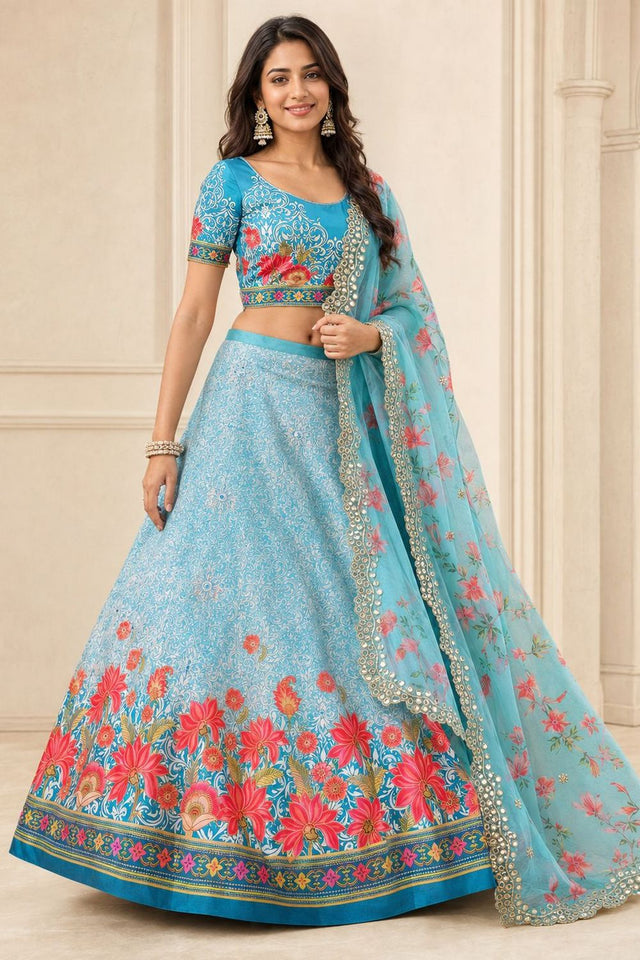 Blue Floral Printed Satin Silk Lehenga (ACB1499)