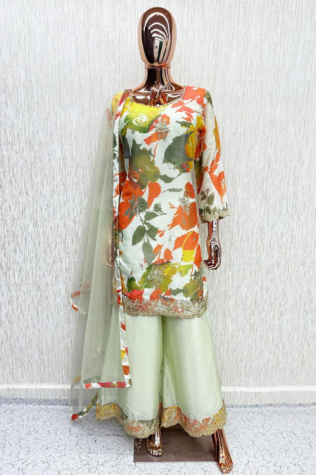 Cream Printed With Embroidered Chinon Palazzo Suits (ACB1500)