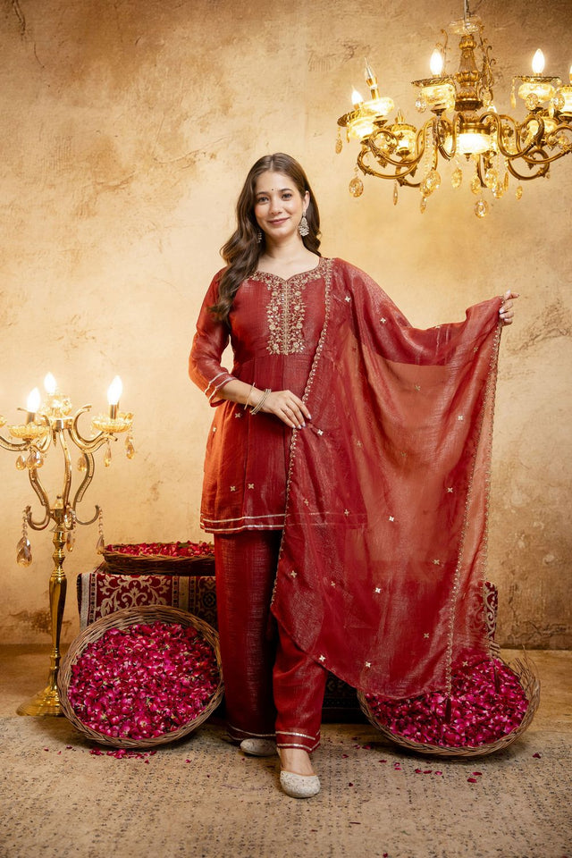 Rust Sequin with Embroidered Chanderi Palazzo Suit (ACB1510)