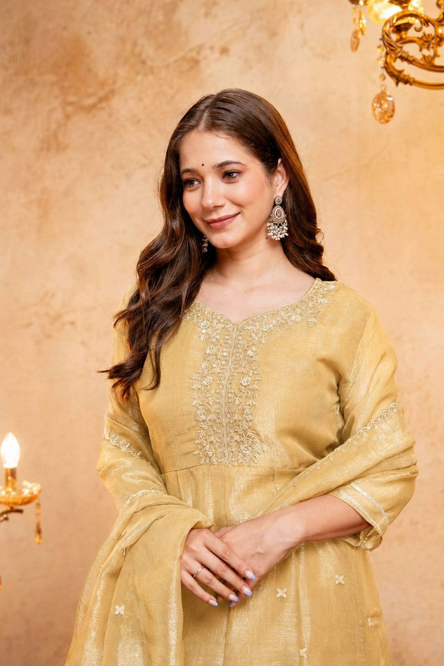 Yellow Sequin with Embroidered Chanderi Palazzo Suit (ACB1511)
