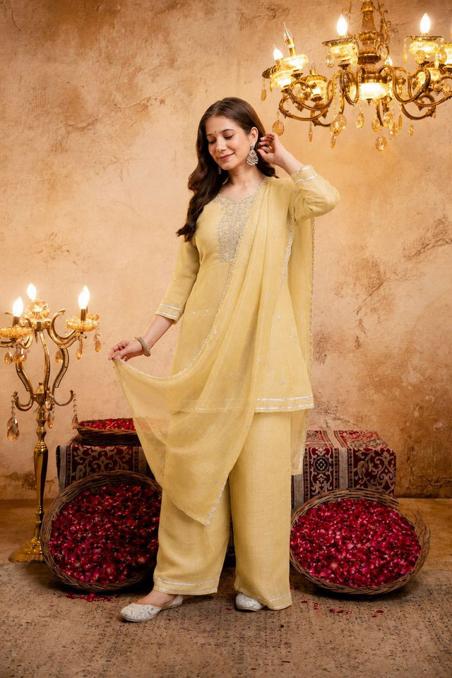 Yellow Sequin with Embroidered Chanderi Palazzo Suit (ACB1511)
