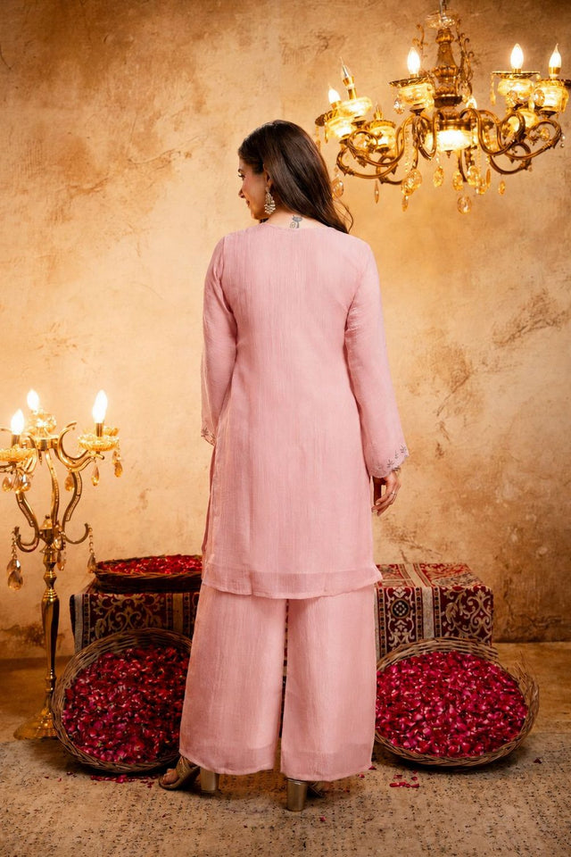 Pink Floral Embroidered Chanderi Palazzo Suit (ACB1512)