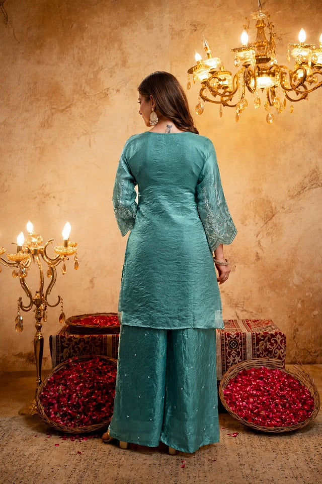 Blue Sequin with Floral Embroidered Silk Blend Palazzo Suit (ACB1514)