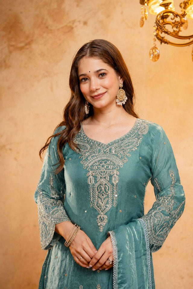 Blue Sequin with Floral Embroidered Silk Blend Palazzo Suit (ACB1514)