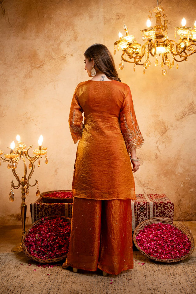 Orange Sequin with Floral Embroidered Silk Blend Palazzo Suit (ACB1515)