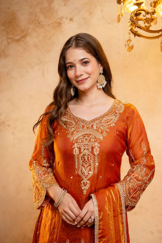 Orange Sequin with Floral Embroidered Silk Blend Palazzo Suit (ACB1515)