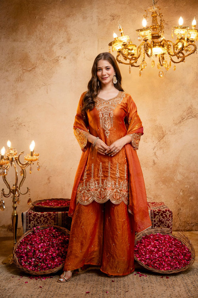 Orange Sequin with Floral Embroidered Silk Blend Palazzo Suit (ACB1515)