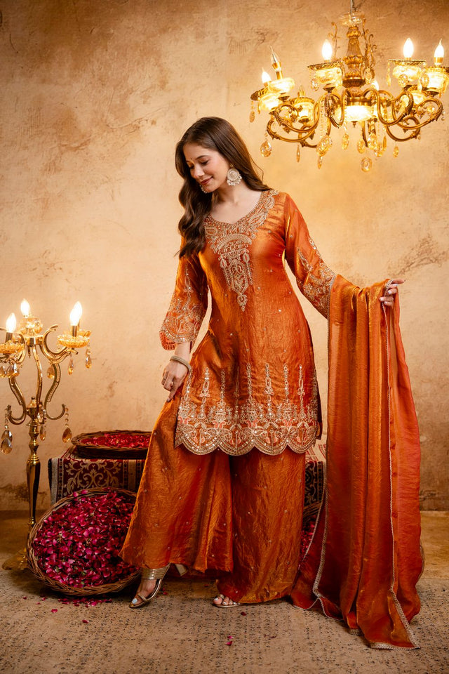 Orange Sequin with Floral Embroidered Silk Blend Palazzo Suit (ACB1515)