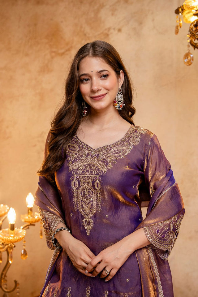 Purple Sequin with Floral Embroidered Silk Blend Palazzo Suit (ACB1516)