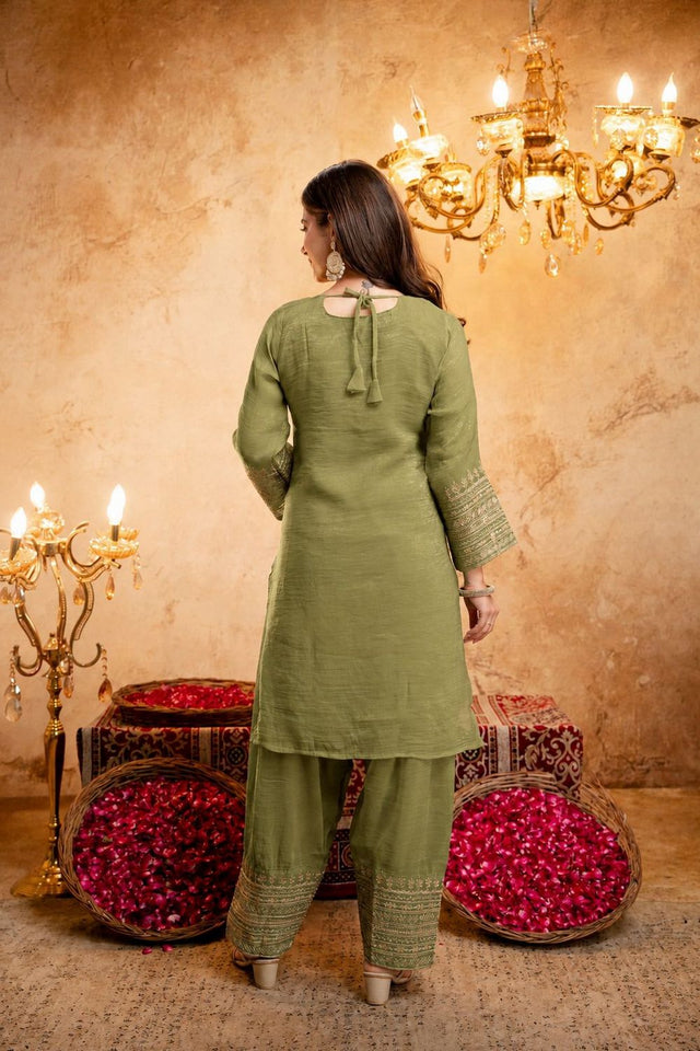 Mehendi Sequin with Floral Embroidered Chanderi Palazzo Suit (ACB1517)