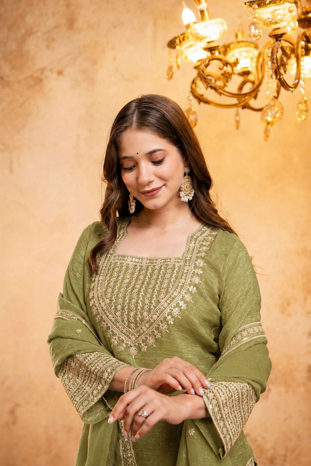 Mehendi Sequin with Floral Embroidered Chanderi Palazzo Suit (ACB1517)