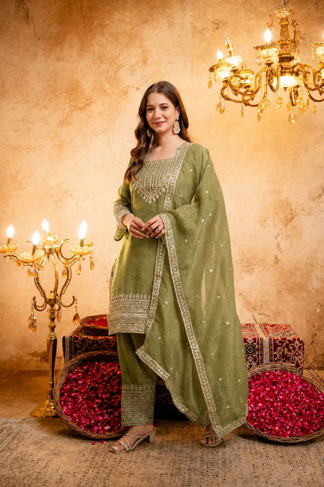 Mehendi Sequin with Floral Embroidered Chanderi Palazzo Suit (ACB1517)