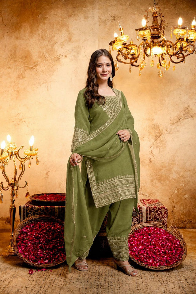 Mehendi Sequin with Floral Embroidered Chanderi Palazzo Suit (ACB1517)