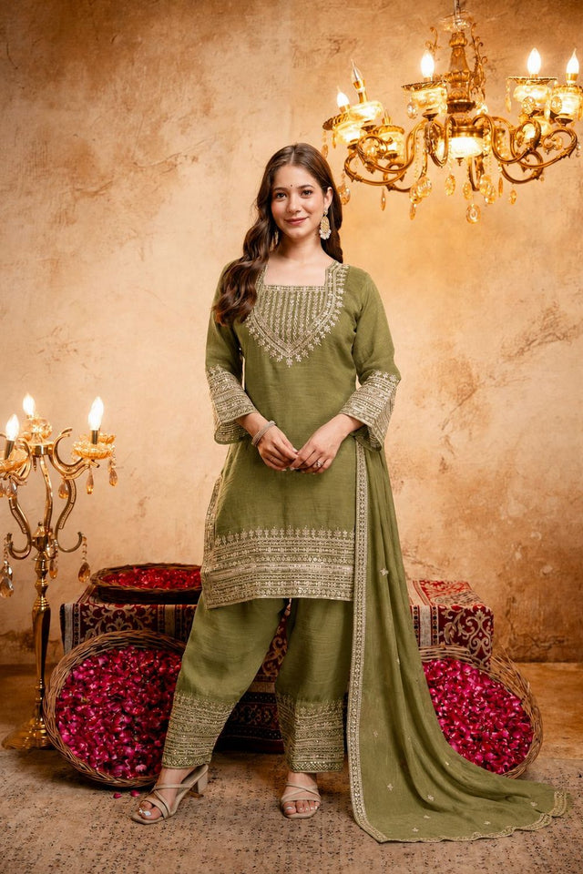 Mehendi Sequin with Floral Embroidered Chanderi Palazzo Suit (ACB1517)