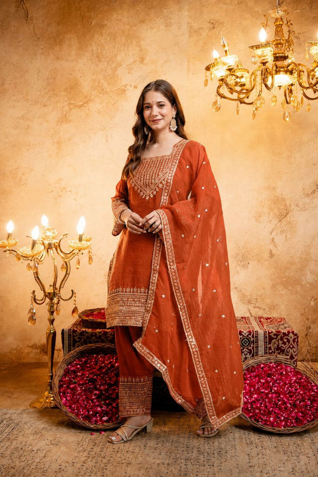 Orange Embroidered Chanderi Straight Cut Suit (ACB1518)