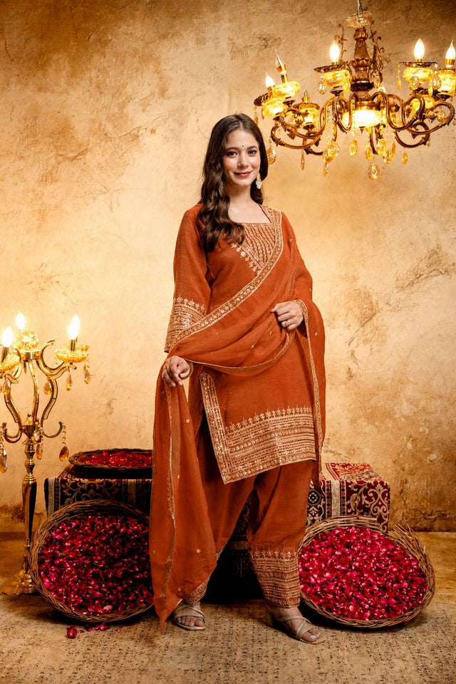 Orange Embroidered Chanderi Straight Cut Suit (ACB1518)