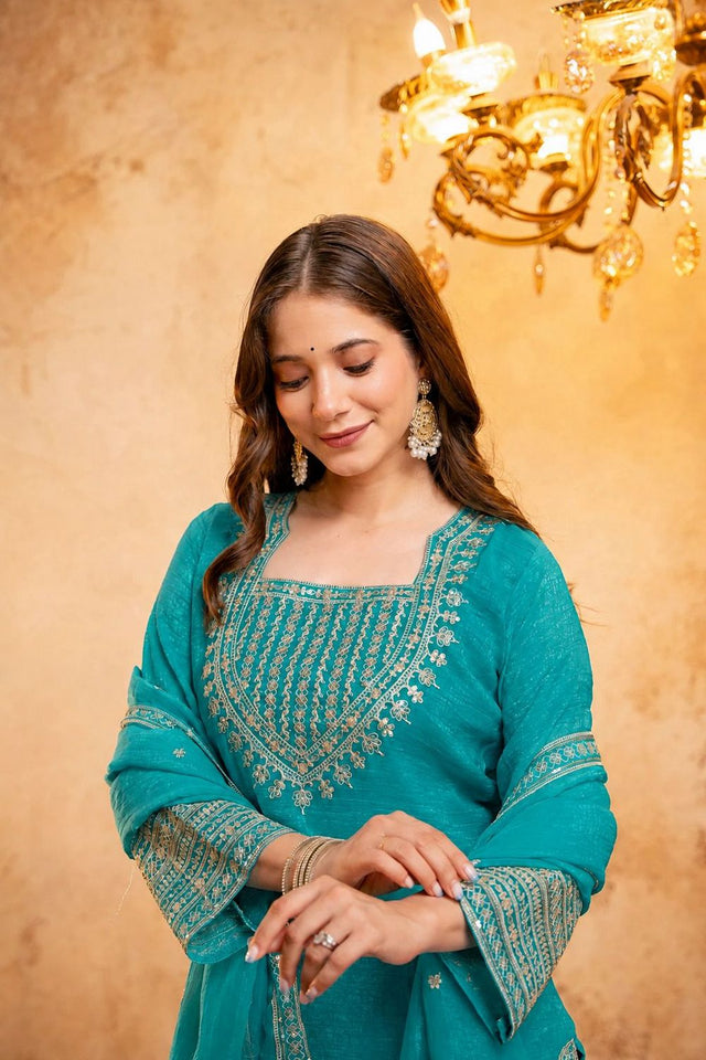 Turquoise Embroidered Chanderi Palazzo Suit (ACB1519)