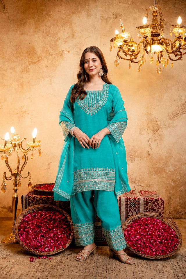 Turquoise Embroidered Chanderi Palazzo Suit (ACB1519)