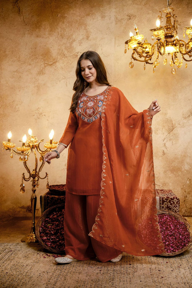 Orange Floral Embroidered Chanderi Palazzo Suit (ACB1520)