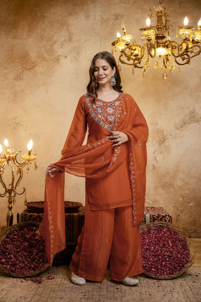 Orange Floral Embroidered Chanderi Palazzo Suit (ACB1520)
