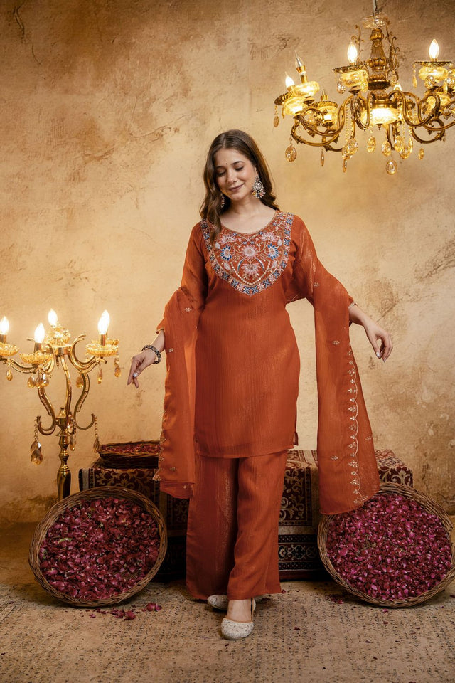 Orange Floral Embroidered Chanderi Palazzo Suit (ACB1520)
