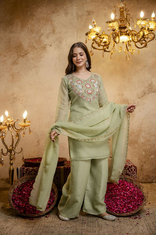 Green Floral Embroidered Chanderi Palazzo Suit (ACB1521)