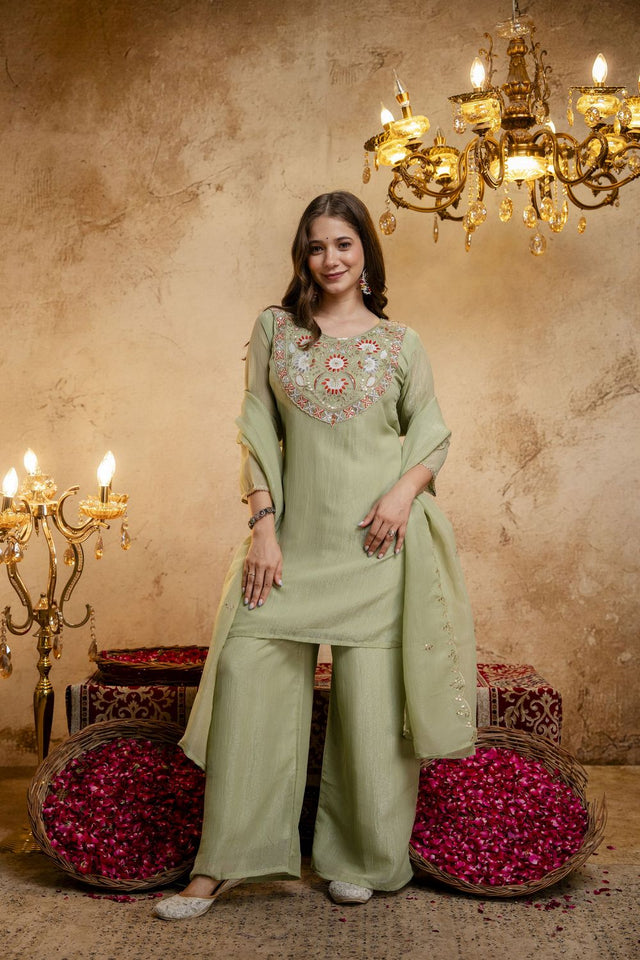 Green Floral Embroidered Chanderi Palazzo Suit (ACB1521)
