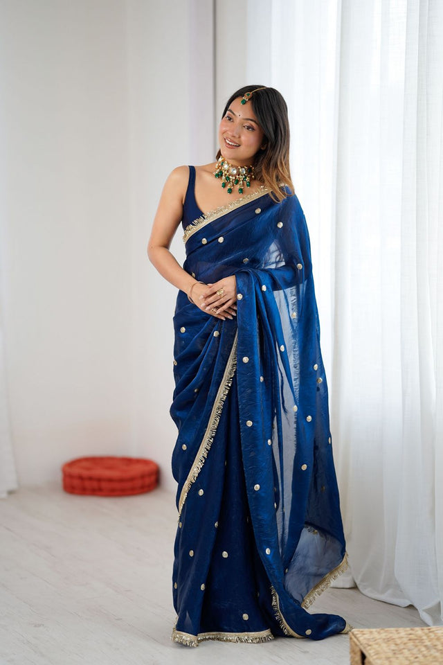 Blue Sequin Satin Saree (ACB1530)