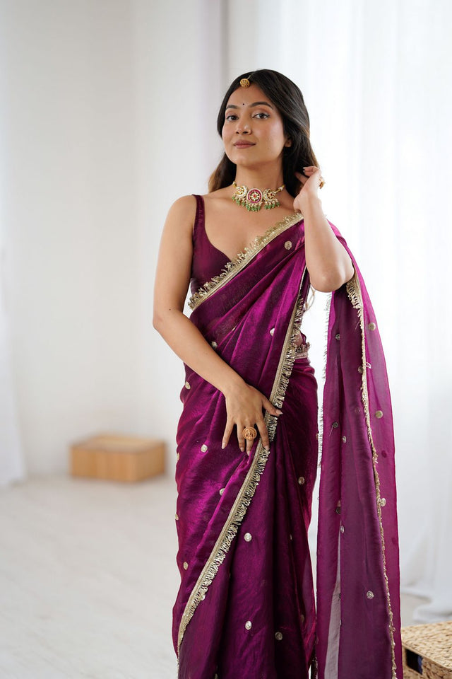 Wine Sequin Satin Saree (ACB1532)