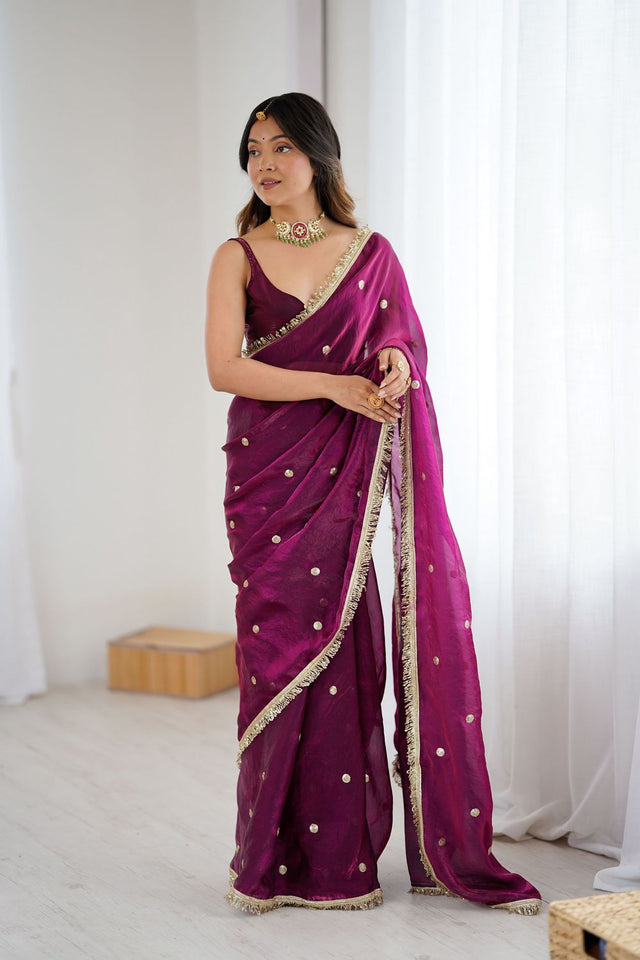 Wine Sequin Satin Saree (ACB1532)