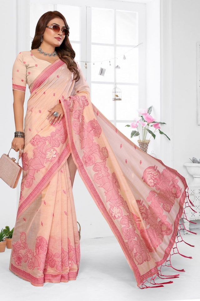 Peach Woven Cotton Saree (ACB1543)