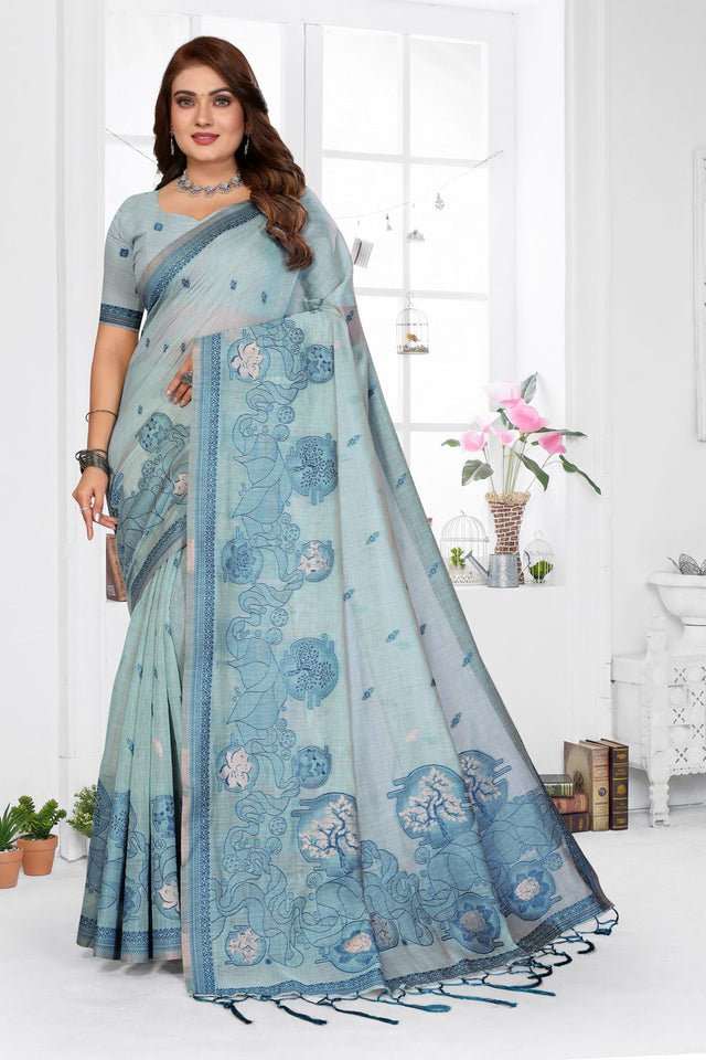 Blue Woven Cotton Saree (ACB1544)